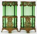 CONTINENTAL GREEN GLASS  PATINATED METAL VASES