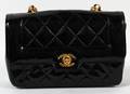 CHANEL QUILTED PATENT LEATHER LOGO SHOULDER BAG