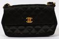 CHANEL QUILTED BLACK SILK LOGO SHOULDER BAG