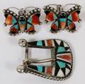 ZUNI SILVER STONE BELT BUCKLE  CUFF LINKS