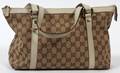 GUCCI TAN MONOGRAM CANVAS  LEATHER BAG W 13