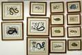 Group of 13 handcolored snake engravings in birdseye maple frames