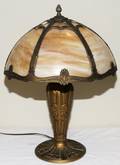 SIX PANEL SLAG GLASS LAMP METAL BASE C 1920