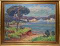 AMERICAN OIL ON CANVAS LANDSCAPE BY LAKE C1940