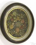 Victorian trapunto oval needlework floral still life mid 19th c