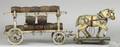 Carved wood horse drawn barrel cart pull toy
