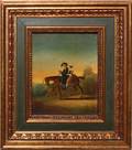 EUROPEAN MINIATURE OIL ON TIN COUPLE ON HORSE