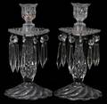 GLASS CANDLESTICKS HUNG WITH PRISMS PAIR H 10