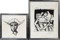 INK DRAWINGS TWO HARLEQUIN  RECLINING WOMAN