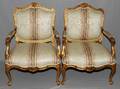 LOUIS XV STYLE SILK UPHOLSTERED ARMCHAIRS PAIR