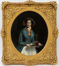 ENGLISH OVAL OIL 19TH C GIRL SERVING WINE