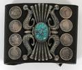 SILVER TURQUOISE AND LEATHER BOLO TIE CONCHO