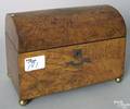 English dome lid burlwood tea caddy with brass inlay and ball feet
