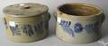 Two blue decorated stoneware butter crocks