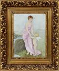PAINTED PORCELAIN PLAQUE MAIDEN W CUPID