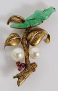 VINTAGE 14KT GOLD 5CT JADE PEARL RUBY BROOCH PIN