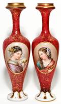 BOHEMIAN ENAMELED CRANBERRY GLASS PORTRAIT VASES