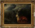 GEORGE MORLAND OILCANVAS WAGON TRAIL CAMPFIRE