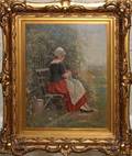 JOSEPH W GIES OIL ON MASONITE LADY SEWING