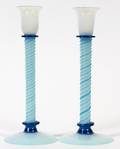 BLUE  OPALESCENT GLASS CANDLESTICKS FRY PAIR