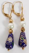 14KT GOLD PEARL  CLOISONN DANGLE EARRINGS PAIR