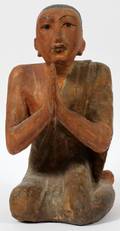 THAI CARVED POLYCHROME PRAYING MONK STATUE