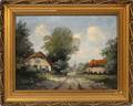 HEDWYN SANDERS OIL VILLAGE LANDSCAPE W FIGURES