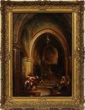 OIL ON CANVAS H 27 L 20 INTERIOR CHURCH SCENE