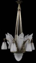 SCHNEIDER ART DECO BRONZE GLASS 13 LITE CHANDELIER