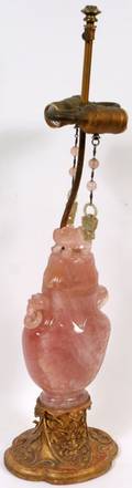 CHINESE CARVED ROSE QUARTZ COVERED URN AS A LAMP