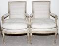 LOUIS XVI STYLE ANTIQUED WHITE ARMCHAIRS PAIR