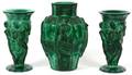 CZECHOSLOVAKIAN MALACHITE GLASS VASES THREE