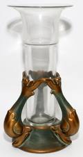 ORIENTAL FIGURAL METAL AND GLASS VASE W STAND