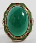14KT YELLOW GOLD  GREEN CABOCHON RING W ENAMEL