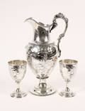 19th C Coin Silver Pitcher  Two Goblets