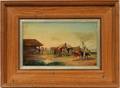 ILLEGIBLY SIGNED OIL FARM SCENE WITH FIGURES