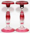 CRANBERRY OVERLAY CRYSTAL CANDLESTICKS 2 PIECES