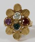 18 KT GOLD TOURMALINE GARNET AND AMETHYST RING
