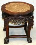 CARVED MAHOGANY MARBLE TOP END TABLE