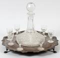 WATERFORD DECANTER SET AND SLIVER PLATE TRAY