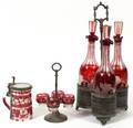 BOHEMIAN CRANBERRY ETCHED GLASS DECANTER SET