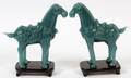 PEKING GLASS HORSES W TEAK BASES PAIR