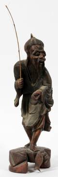 CHINESE WOOD FIGURE OF A FISHERMAN