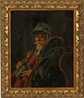 GERMAN OIL ON CANVAS SEATED MAN WITH TANKARD