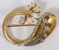 18KT YELLOW GOLD DIAMOND AND OPAL BROOCH