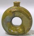 Redware ring form bottle with green glaze