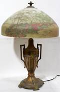 041198 REVERSE PAINTED GLASS  METAL TABLE LAMP