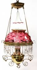 MILLER VICTORIAN CRANBERRY GLASS HANGING OIL LAMP