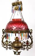 VICTORIAN CRANBERRY HOBNAIL GLASS HANGING OIL LAMP