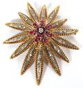 ITALIAN 18KT GOLD RUBY  DIAMOND SUNBURST BROOCH